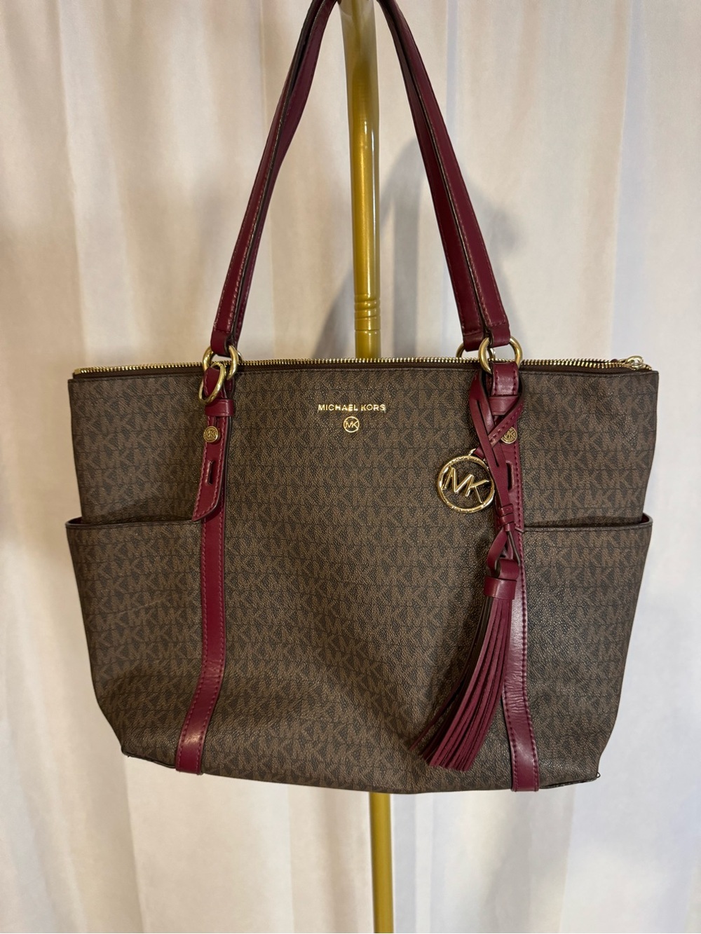 Michael Kors Brown Logo Tote with Burgundy Trim and Tassel